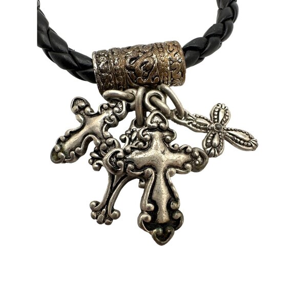 Romantic Goth Ornate Cross Bracelet Braided Leather Cord Edgy Religious Charm - Picture 3 of 8